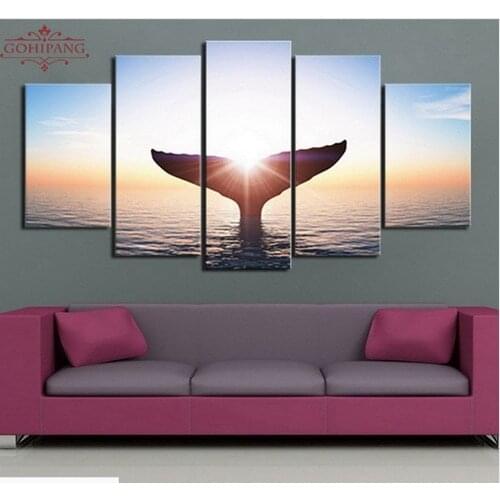 Canvas Painting Frame Wall Art Picture For Living Room Decor 5 Panel Modern HD Printed Whale Tail Sea View Sunrise Poster