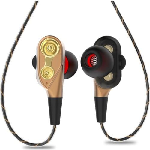HOT-3.5mm HiFi Wired Earphone Dual-Dynamic Quad-core Speaker In-ear earbuds Flexible Cable Anti-wrap with HD Microphone(Gold)
