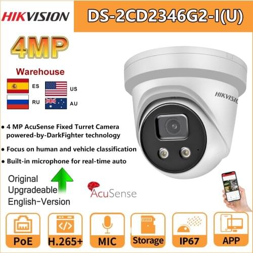 Hikvision AcuSense Turret PoE 4 MP IP Camera DS-2CD2346G2-IU Human Vehicle Classification Built-In Mic SD Card Slot H265+ IP67