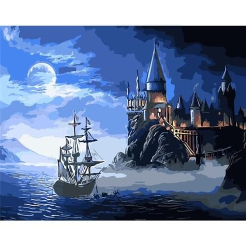Painting By Number 40X50 50x65CM Old Castle Sailing Landscape Wall Art Gift DIY Pictures By Numbers Canvas Kits Home Decoration