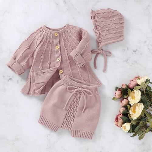 3 Piece Set Baby Girls Boys Set Knitted Long Sleeve Cardigan Hat PP Pants Hats Newborn Infant Girl Boy Party Clothing 3-24M