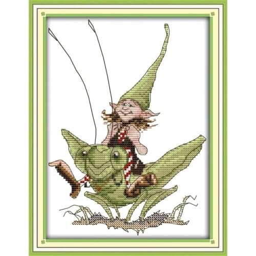 Grasshopper Elf Cross Stitch Kits DIY Cartoon Animal Pattern 14CT 11CT Counted Canvas Printing Embroidery Set Needlework Crafts