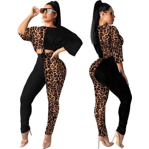 Fashion Casual Leopard Print Crew Neck,Medium Sleeve Two Piece Sets Sexy Outfits Joggers Women Set Waist Rope Stacked Leggings