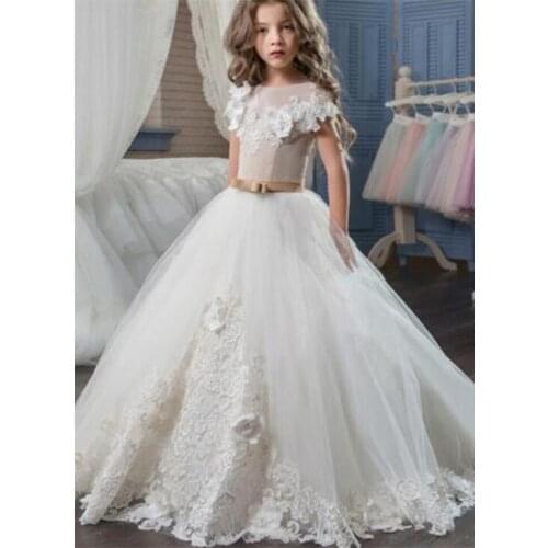 Backless Flower Girl Dresses For Weddings Ball Gown Cap Sleeves Tulle Applique Long First Communion Dresses For Little Girls