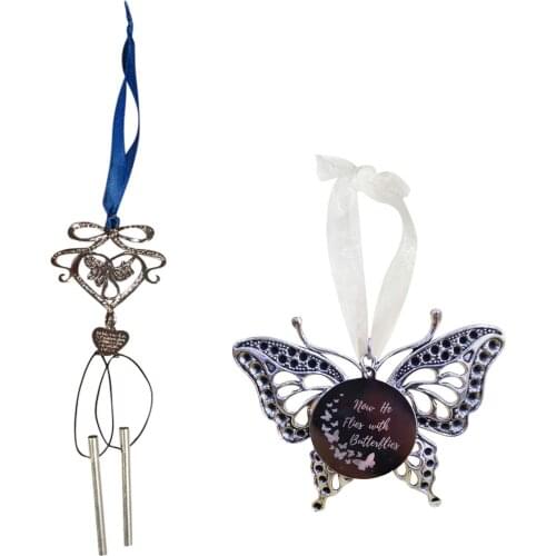 Hanging Window Wind Chime 2 Metal Strips Ornament, Now He Flies with Butterflies, Exquisite Ribbon Lanyard Memorial Pendant