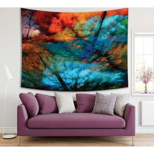 Tapestry Modern Artwork with Abstract Forest Trees Leaves Branches Colorful Four Season Theme Blue Green Orange