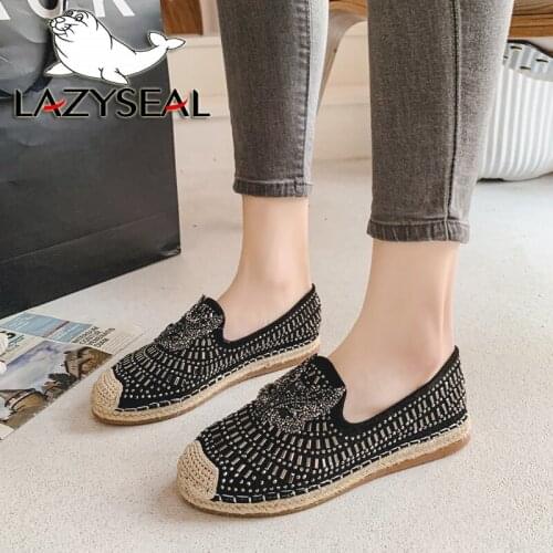 LazySeal Spring Flat Heel Women Loafers Fox Head Bling Crystals Luxury Comfortable Hemp Sashion Flats Lady Shoes Zapato Mujer