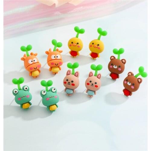 Cute Cartoon Duck Cow Animal Plant Stud Earrings For Women Jewelry Lovely Funny Colored Resin Bear Frog Pierced Earring JE67