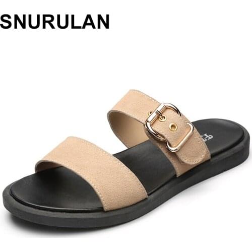 SNURULAN Sandals for women in genuine cow leather flat shoes women without lace summer woman slides leisure beach flip flops