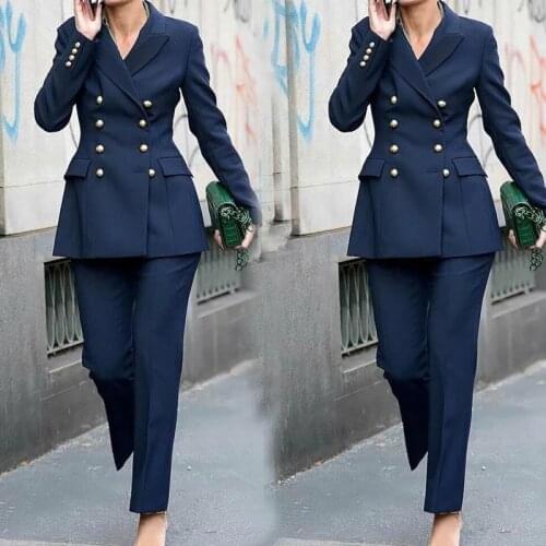 Spring/Autumn Formal Business Working Double Breasted Women Suits 2 Piece Slim Fit Navy Blue Jacket With Solid Pencil Pants