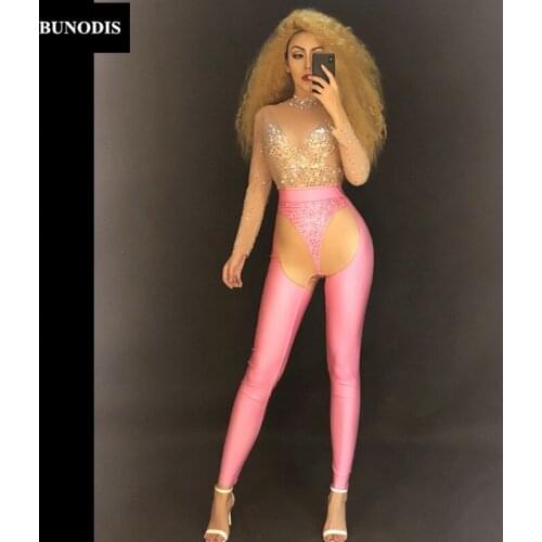 ZD338 Women Net Yarn & Spandex Sexy Pink Jumpsuit Sparkling Crystals Nightclub Party Performance Stage Wear Dancer Bling Costume