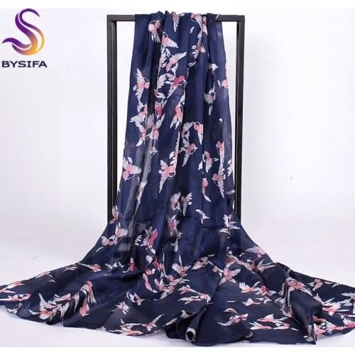 [BYSIFA] Navy Blue Brand Silk Scarves For Ladies Autumn Winter 100% Mulberry Silk Women Long Scarves Shawl Birds Pattern Scarf