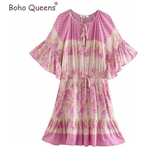 Boho Queens women hippie floral print sashes elestic waist Bohemian mini dress ladies flare sleeve Boho dresses vestidos