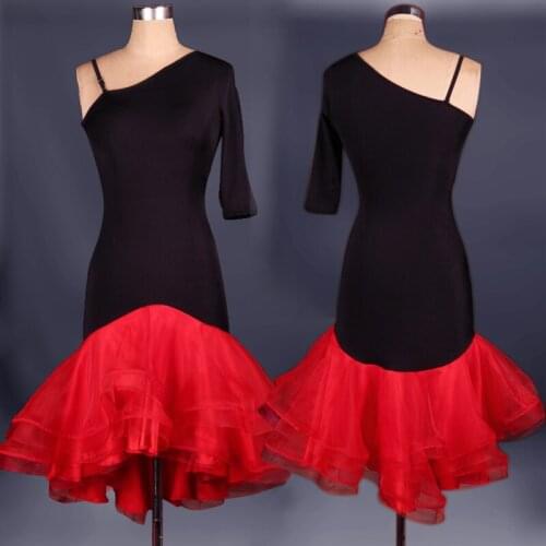 Women Black Swing Latin Dance Dress Sexy Oblique Shoulder Adult Female Dance Dress Group Performance Stage Latin Dance Skirt