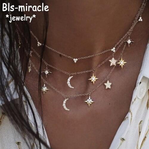 New 2020 Boho Fashion Crystal Pendant Necklaces For Women Vintage Gold Sun Moon Stars Necklace Multilayer Female Jewelry Gift