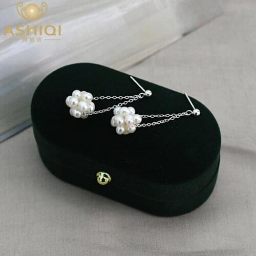 ASHIQI Natural Freshwater Pearl 925 Sterling Silver Drop Earrings Hand Knitted Flower Ball Womens Fashion Jewelry Gift