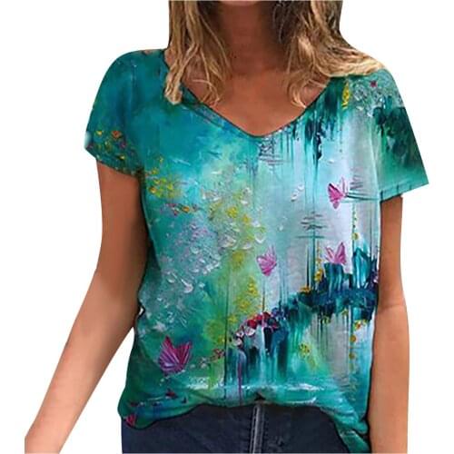 Plus Size Womens Tops And Blouses Women 3d Floral Printed Short Sleeve Loose Blouse V-neck Tops Blusas Mujer De Moda 2021