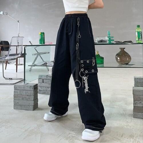 Harajuku Punk Black Cargo Pants Women Gothic Chain White Wide Leg Trousers Female Hippie Street Style Emo Center Goth punk y2k
