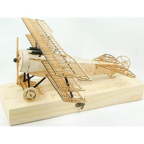 DWH VX11 1:18 Scale 400mm Wingspan Airplane 3D Wooden Puzzles Airplane DIY Fokker-DR1 Triplane Model Kit with Wooden Box Brain