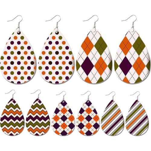 Halloween Polka Dot Leather Earring for Women Striped Lattice Wave Pendant Water Drop Earring Fashion Jewelry Hot Sale Girl Gift