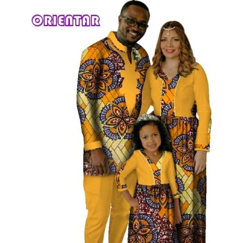 Africa Family Matching Clothes Father Mother Daughter African Print Long Sleeve Men Shirt Top and Pants Women Girl Dress WYQ119
