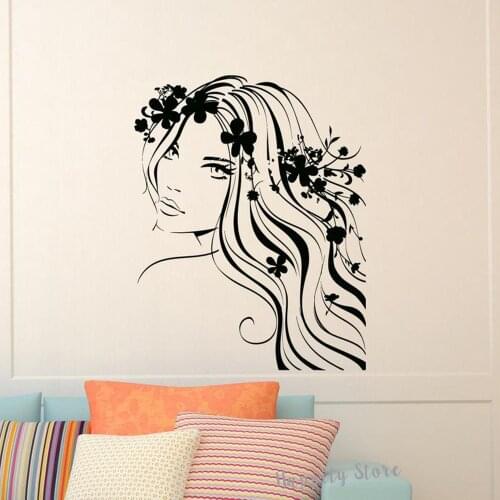 Pretty Girl Vinyl Decals for Bedroom Beauty Salon Decor Window Door Stickers Woman Hair Flower Wall Sticker Art Murals G857