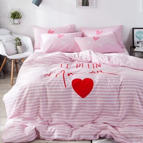 Pink And White Striped Love Heart 100% Cotton Bedlinen Duvet Cover Pillowcase Flatsheet Quilt Cover for 1.2m 1m 1.5m Bed Size
