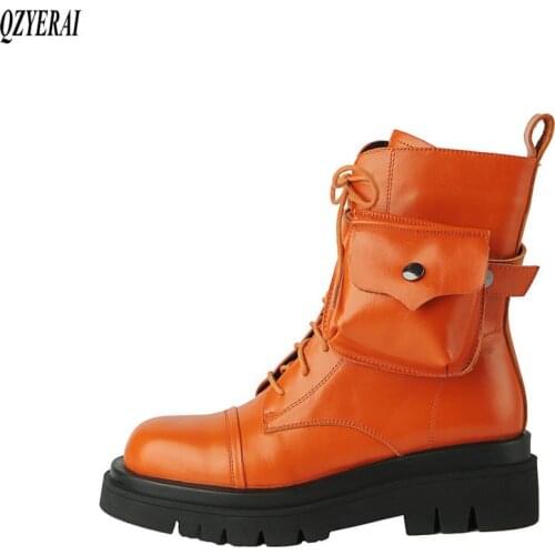 QZYERAI New winter Genuine leather Women boots ankle pocket Motorcycle boots Female boots cowhide warm Women shoes