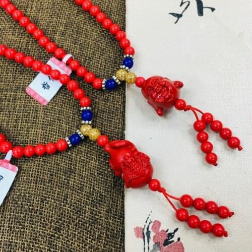 Zheru natural cinnabar carved red Buddha head gourd pendant with a bead necklace exquisite men and women sweater chain