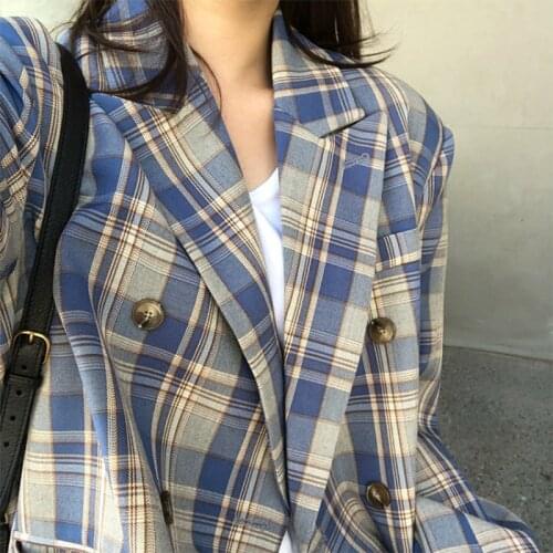 Chic Women Suit Coat Spring Autumn Green Plaid Elegant Loose Vintage Fashion Tops korean Office All-Match Female Jacket Blazer