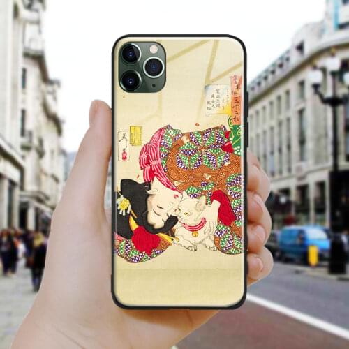 Japanese style Geisha Teasing the Cat Silicone Glass Phone Case Cover For iPhone SE 6 6s 7 8 Plus X XR XS 11 12 Mini Pro Max