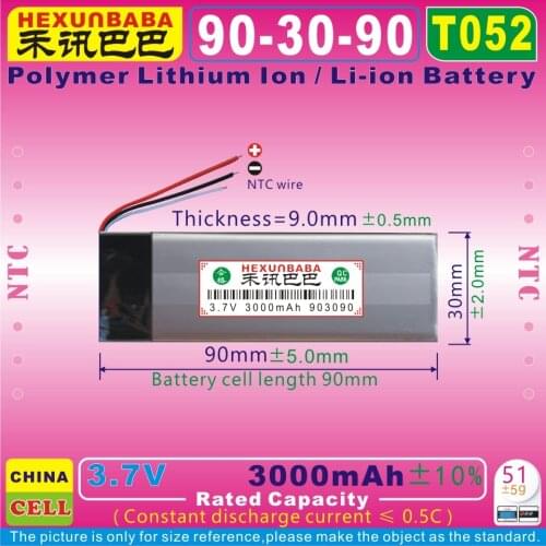 [T052] 3.7V 3000mAh [903090] NTC; THREE 3 WIRE;Polymer lithium ion / Li-ion battery for SPEAKER;GSP872693 01;Flip 3,Flip 4