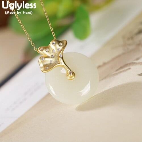 Uglyless Ginkgo Biloba Leaf Necklaces No Chains for Women Natural Jade Buttons Pendants 925 Silver Vintage Fashion Dress Jewelry