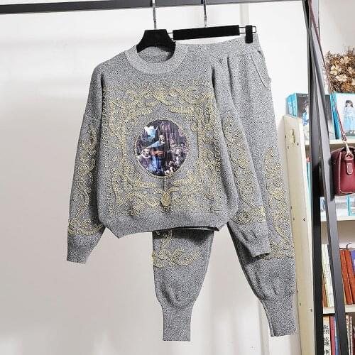 Spring Autumn High quality womens sweat suit High quality tassels hooded coat+knitted harem pants 2piece set B988