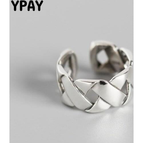 YPAY Genuine 925 Sterling Silver Open Rings for Women Men Vintage Thick Braided Korean Design Fine Party Punk Jewelry YMR729