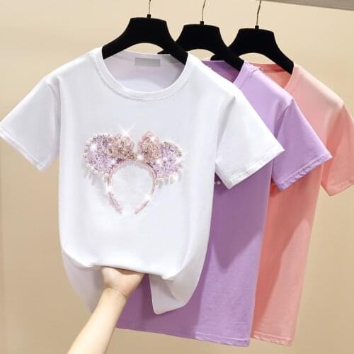 Fashion Summer Short Sleeve Women Beading Sequins T-Shirt Korean Style Lady Temperament Cotton Casual Tee Shirt Clothes