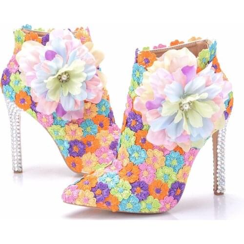 Crystal Queen Autumn multicolour lace Wedding Shoes Sexy Women Boots Flower Thin High-Heel Ankle Boots Pointed Toe Boots