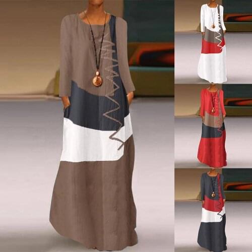 Long Sundress Autumn Vintage Dress Pacthwork Women Vintage O Neck Long Sleeve Color Block Wavy Line Pockets Maxi Loose Dress
