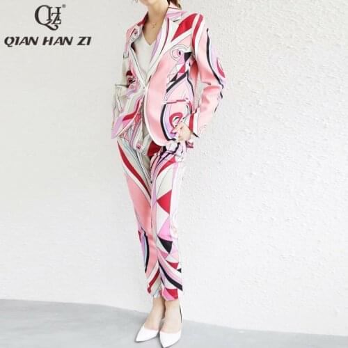 Qian Han Zi autumn winter fashionable suit Women long-sleeved one-button blazer+vintage Pattern print long pants two piece set