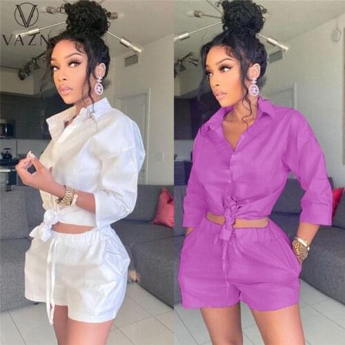 VAZN 2021 Solid Summer Modern V-Neck Full Sleeve Elegant Street Clothing Suits 2 Piece Set Women Top And Pant