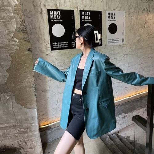 2021 New Leather Jacket Women Autumn Coat Large Size Retro Blue Blazer Jackets Female Streetwear Coats Mujer