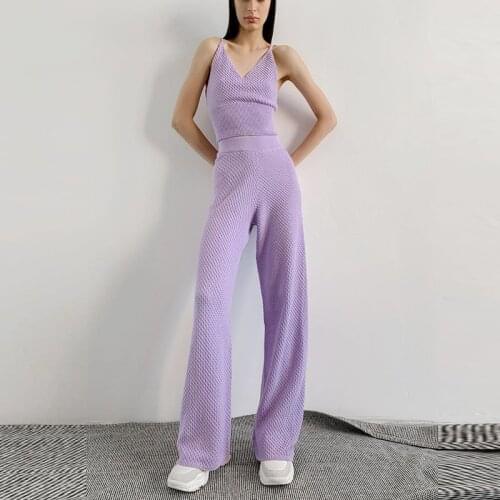 MEIYANGYOUNG Purple Two Piece Set Women Knitted Tracksuit Sleeveless Strapless Crop Top + Pants Sexy 2 Piece Sets Womens Outfits