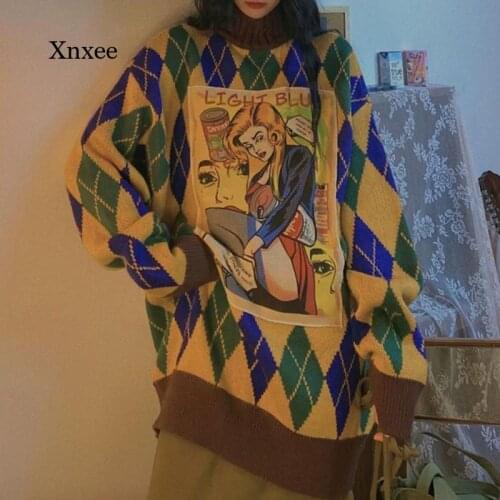 2021 Winter Sweater Y2K Harajuku Turtleneck Knit Female Pullover Argyle Oversize Warm Women Long Appliques Loose Thick Sweaters