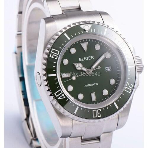 43mm BLIGER Big green Ceramic Bezel Luminous DG2813 automatic Date Day Folding buckle men watches