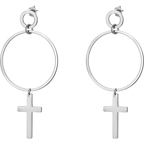 BONISKISS New Arrival Fashion Jesus Cross Drop Earrings Silver Color Big Round Circle Ethnic Stainless Steel Earrings For Women