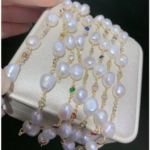 WT-RBC140 WKT Pearl Chain Multicolor CZ Beads And Pearl Rosary Chain Gold Electroplated Rosary Chain For Women Stylish Jewelry
