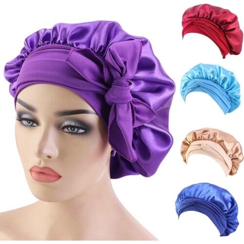 Women Imitation Silk Satin Night Sleep Cap Solid Color Adjustable Wide Band Elastic Head Wrap Hair Bonnet Sleeping Hat