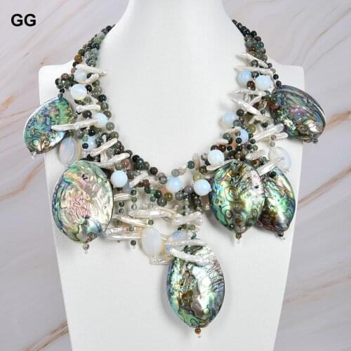 GG Jewelry 18" 3Strands Freshwater White Pearl Green Agates Rainbow Abalone Shell Necklace