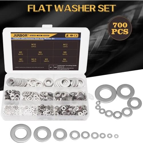 JJERBOR Stainless Steel Flat Washers 700PCS Assorted Flat Metal Washers with Plastic Compartment Container for Home Automotive