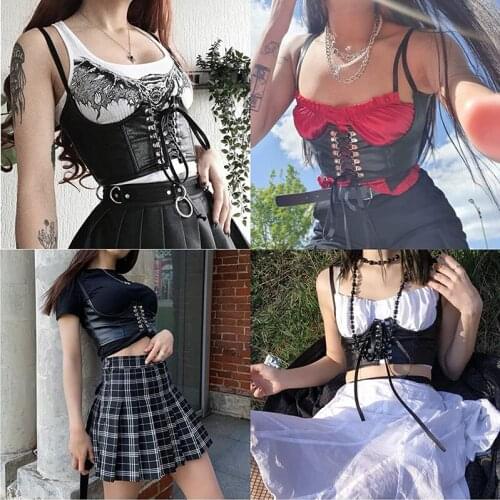 Women Fashion Sexy PU Leather Corset Goth Punk Lace-Up Bandage Black Bustier Streetwear Underbust Support Braces Shaper Top